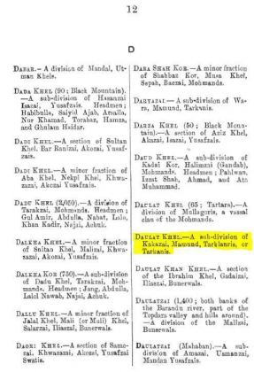 Daulat Khel - A sub-division of Kakazai - Page 12 - in "A Dictionary of the Pathan Tribes of the North West Frontier of India" - Published by The General Staff Army Headquarter, Calcutta, British India (Originally Published 1910)