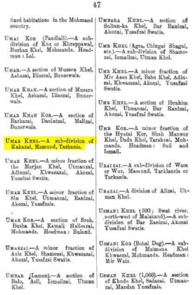 Umar Khel - A sub-division of Kakazai - Page 47 - in "A Dictionary of the Pathan Tribes of the North West Frontier of India" - Published by The General Staff Army Headquarter, Calcutta, British India (Originally Published 1910)
